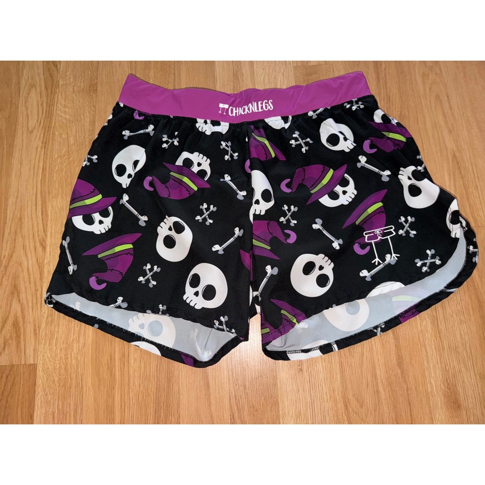 ChicknLegs Halloween Running Shorts Skulls Witch Hats Purple Black Womens XL